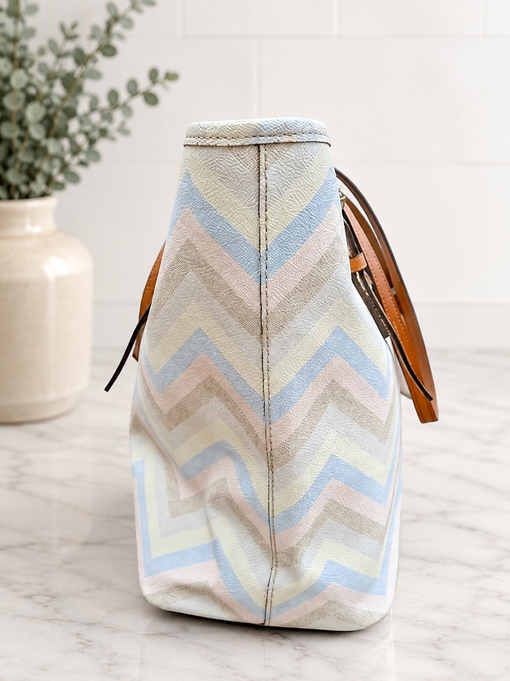 Dooney & Bourke Pastel Chevron Dover Tote with Tan Leather Straps - Picture 4 of 8